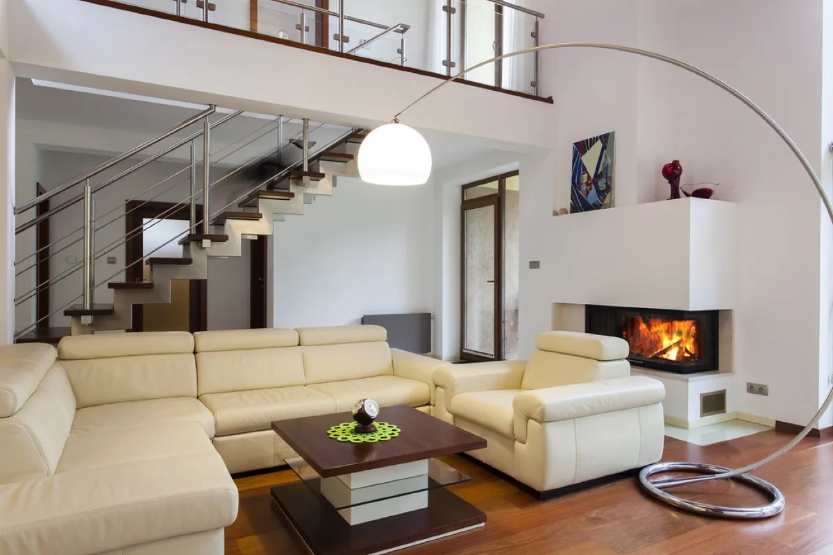 Modern living room with a corner fireplace